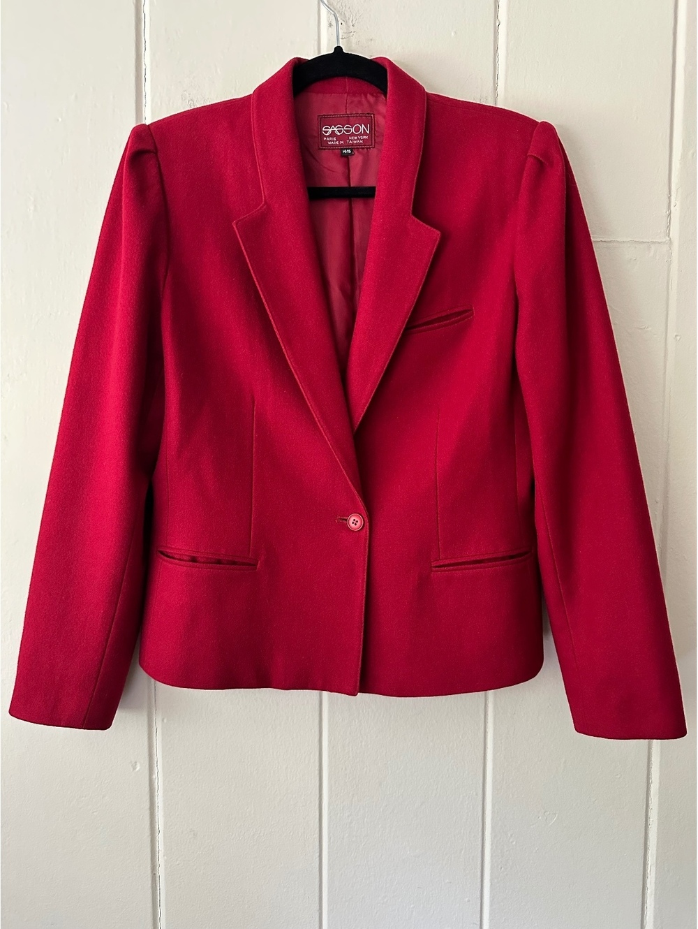 Vintage 80s Sasson Red Wool Blazer Jacket Outerwear Retro Power Suit Women 14/15